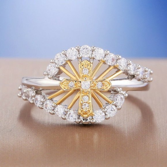 Gorgeous Two-Tone Gold Sterling Silver Diamond Cross Ring - Picture 4 of 5